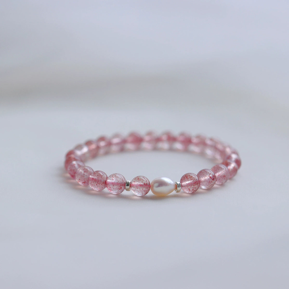 Deep Strawberry Quartz & Pearl Single-Wrap Bracelet — product image 1
