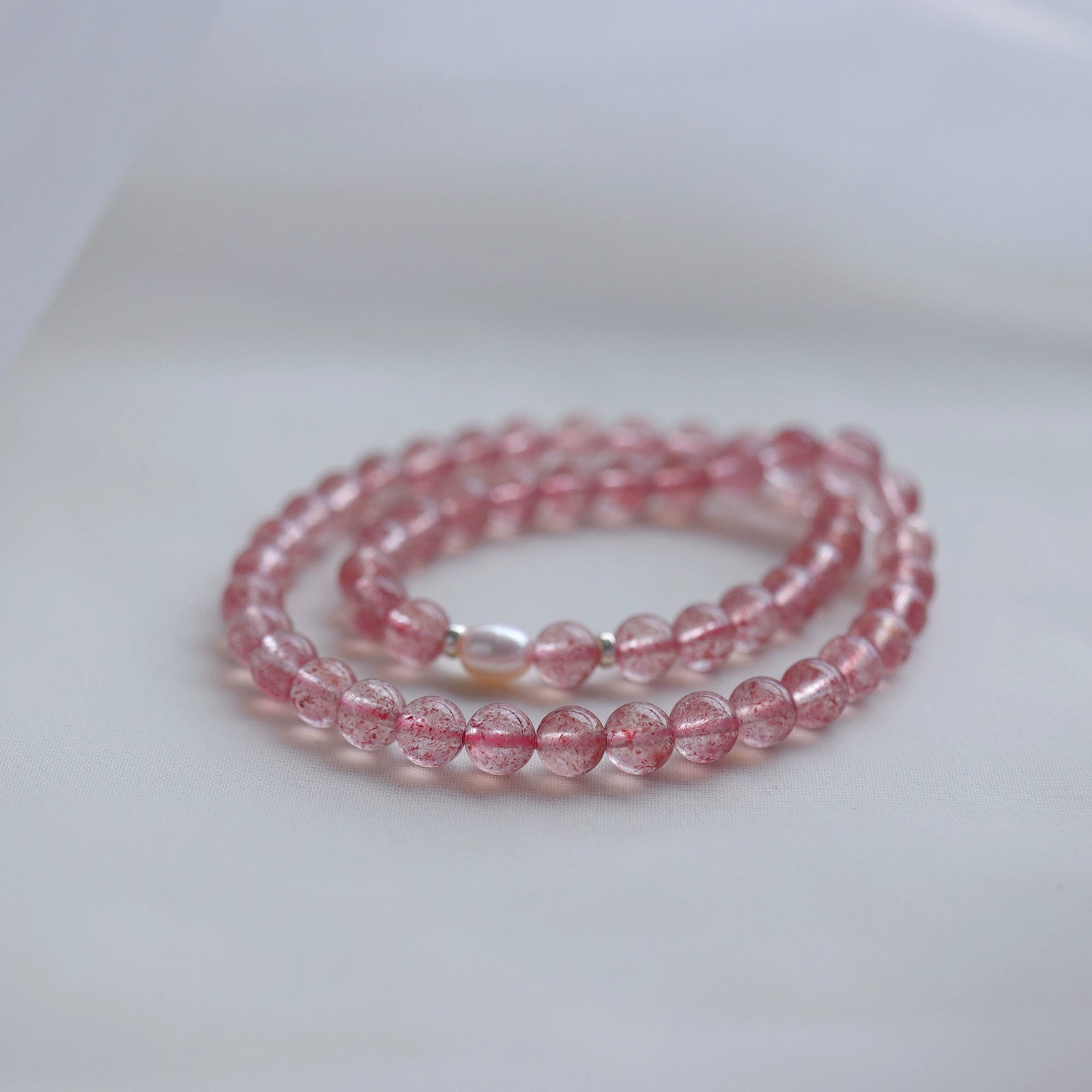 Deep Strawberry Quartz & Pearl Double-Wrap Bracelet — product image 1