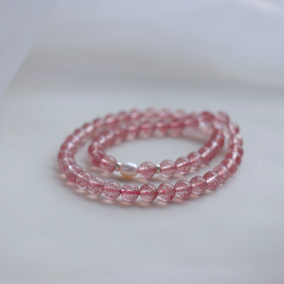 Deep Strawberry Quartz & Pearl Double-Wrap Bracelet — product image 1