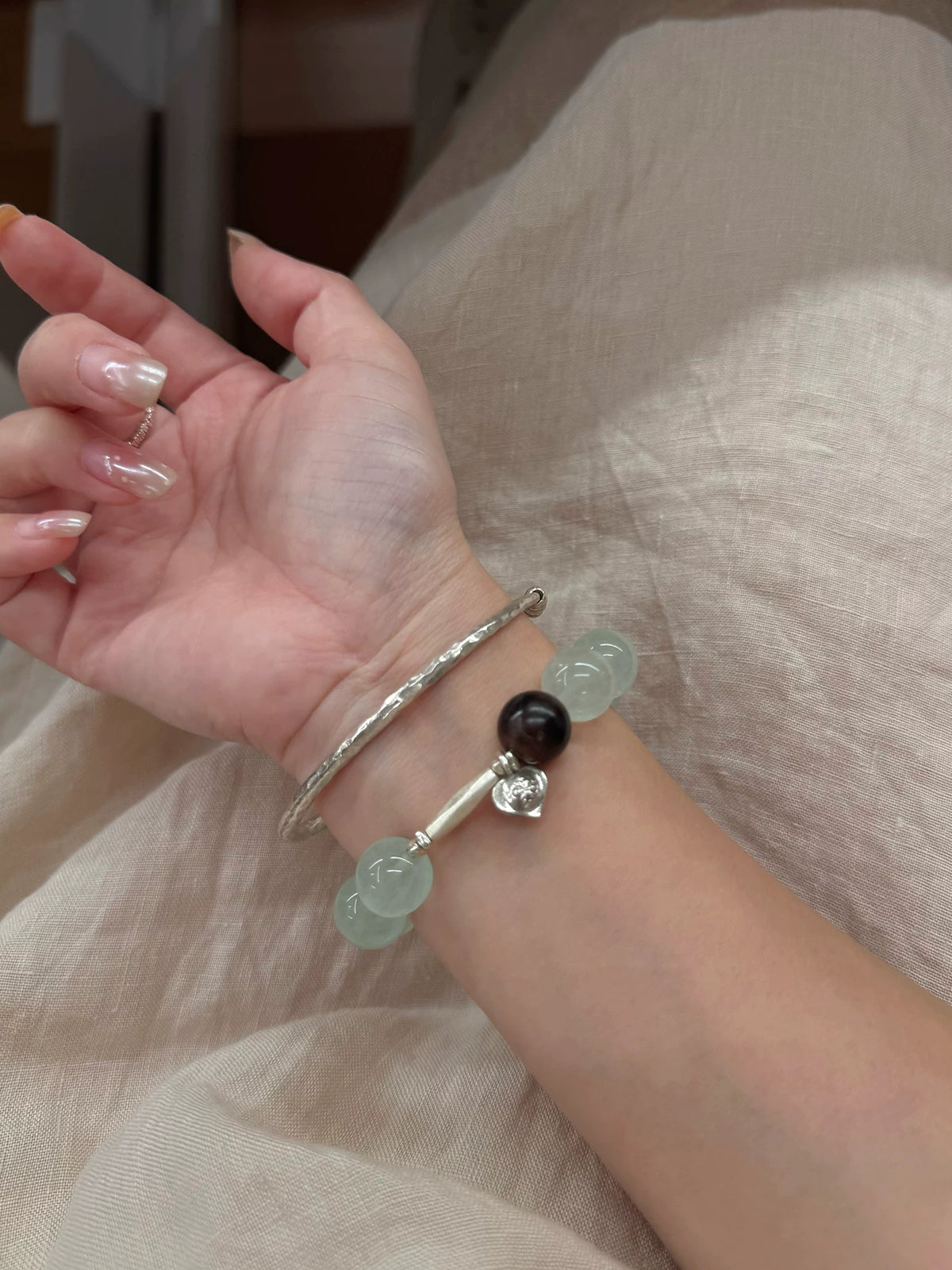 Qingmeizi Mint-Green Fluorite & Silver Bracelet — product image 1