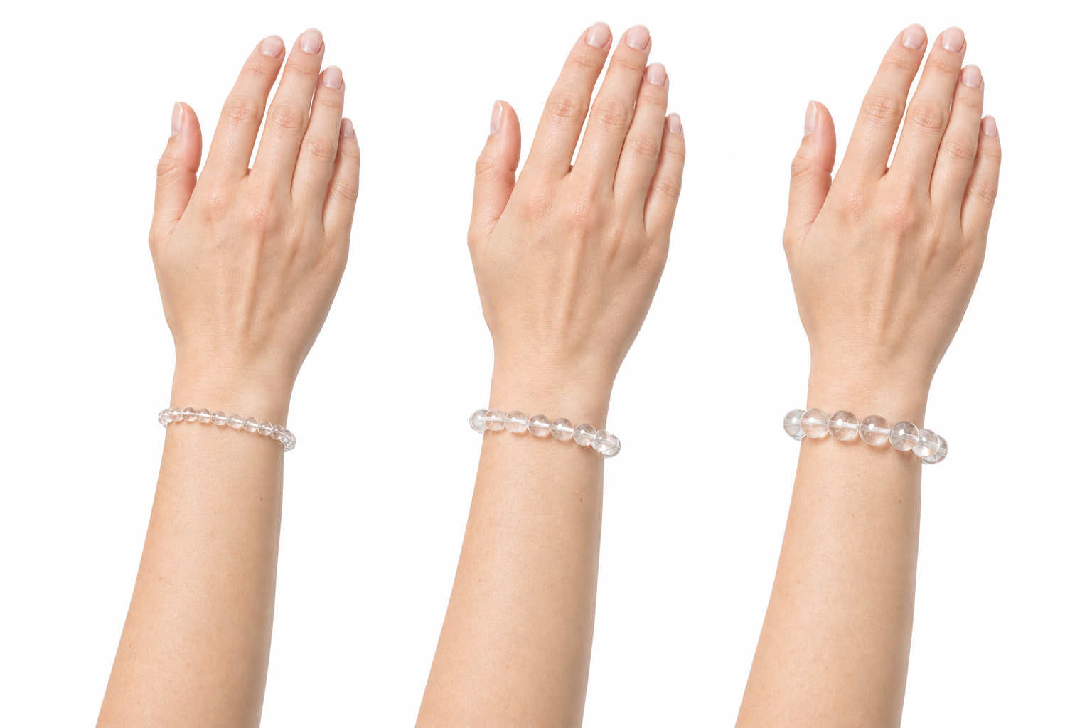 Three adult wrists wearing clear quartz bracelets with 8, 10, and 12 millimeter beads